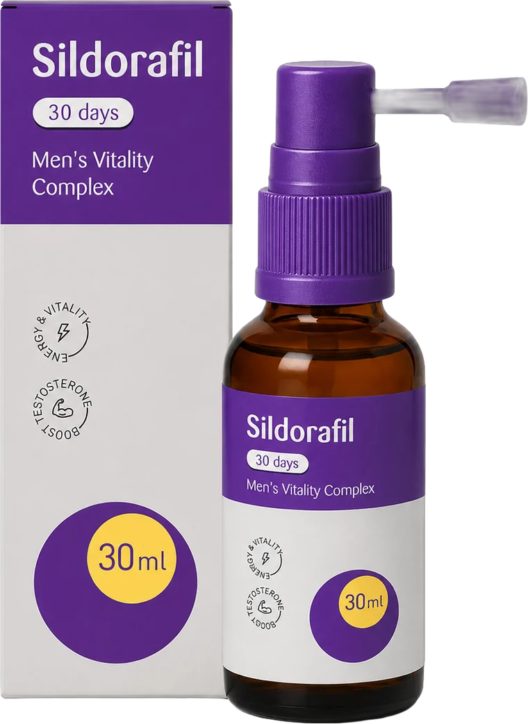 Spray buccal de vitalité Sildorafil pour homme, flacon 30 ml et boîte